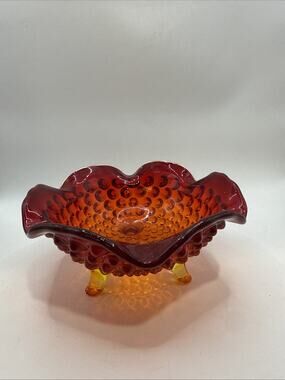 Vtg Fenton Amberina Red Orange Art Glass Hobnail Ruffled Bowl Candy Dish Glows *